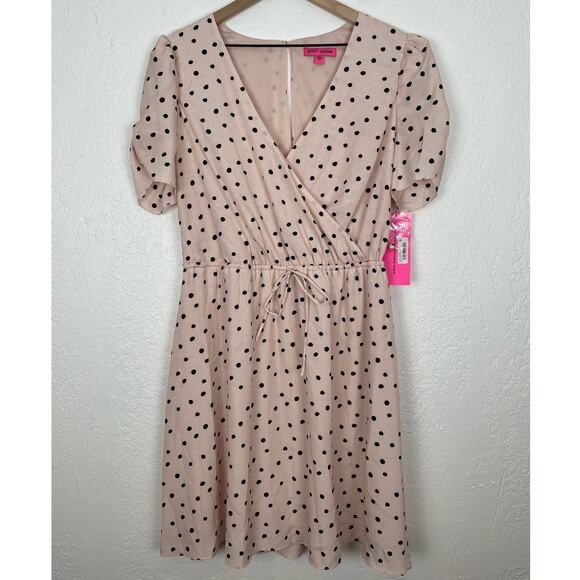 Betsey Johnson Blush Pink Polka Dot Faux Wrap Mini Dress NWT Size 14 - Picture 2 of 5